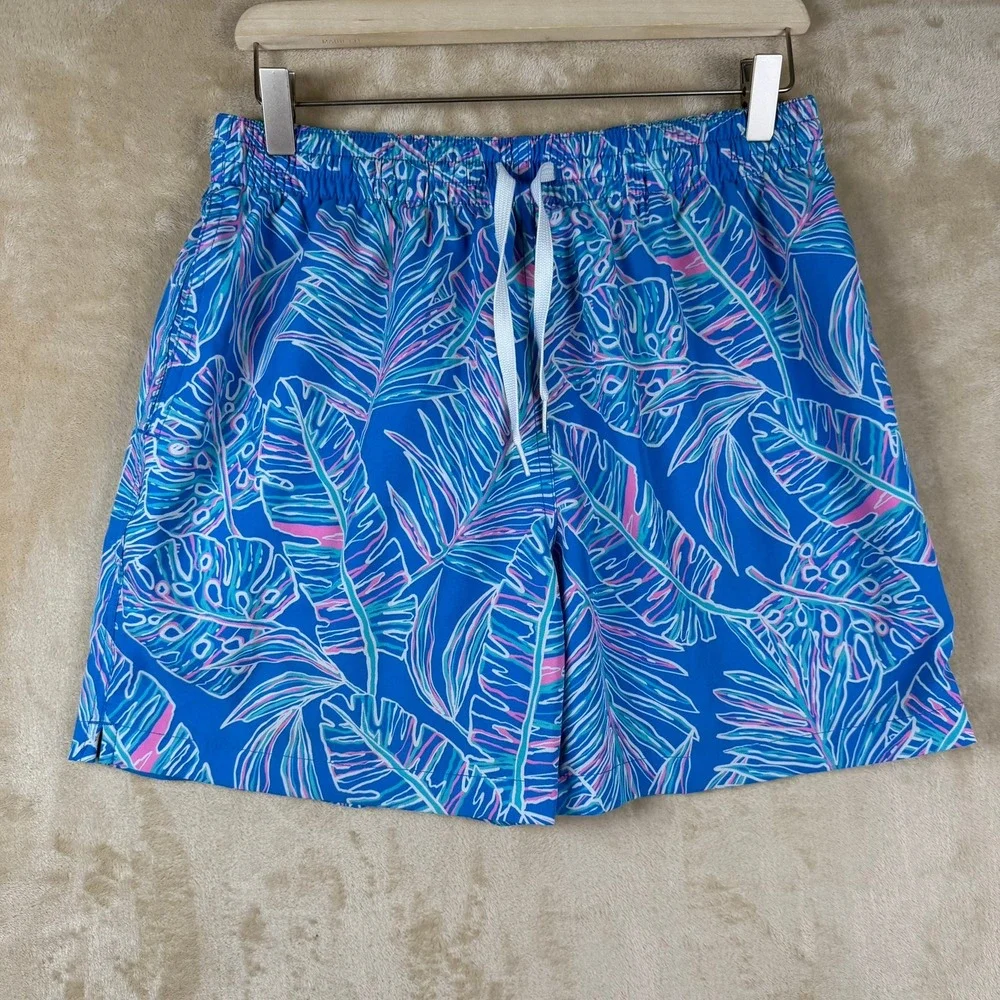 Chubbies Mens Blue Palm Leaf Print Swim Trunks Large Beachwear Coastal Preppy